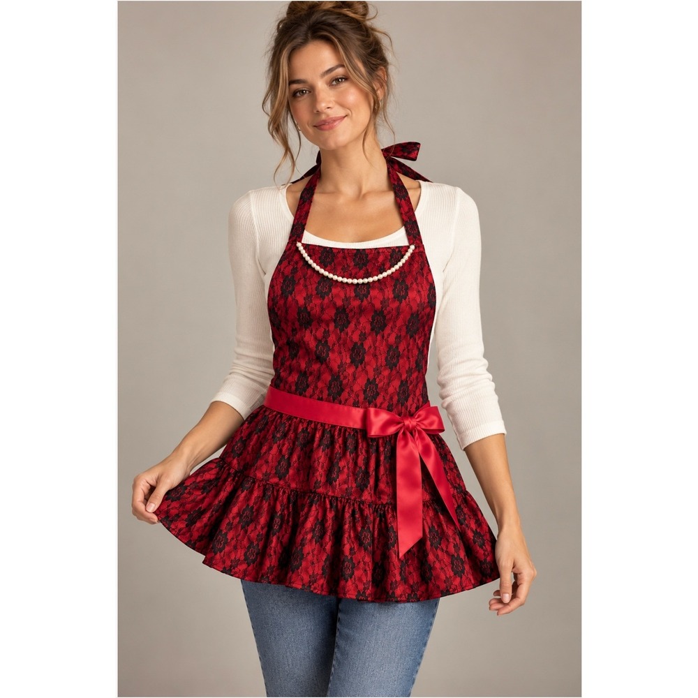 New Ganz Lace Ruffle Apron OS Red Black Pearls Coquette Pinup Retro Costume